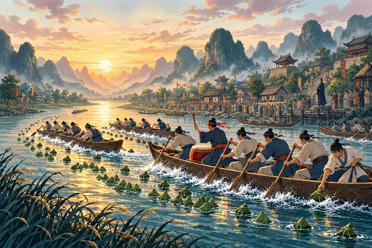 Illustration of villagers racing wooden boats across the Miluo River in the legend of Qu Yuan
