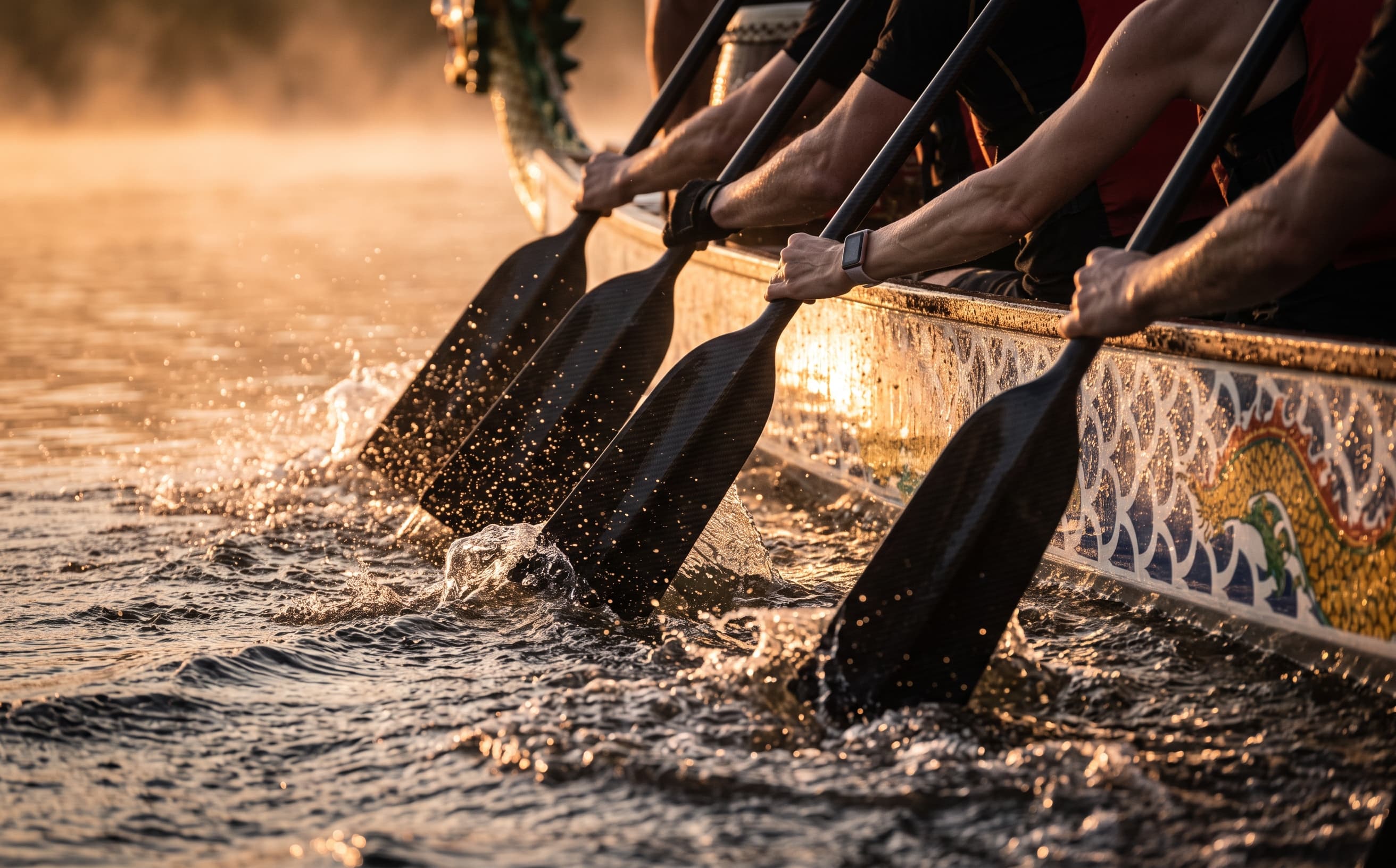 Close-up of four dragon boat paddles driving into the water in unison at sunrise, beside a hull painted with dragon scales