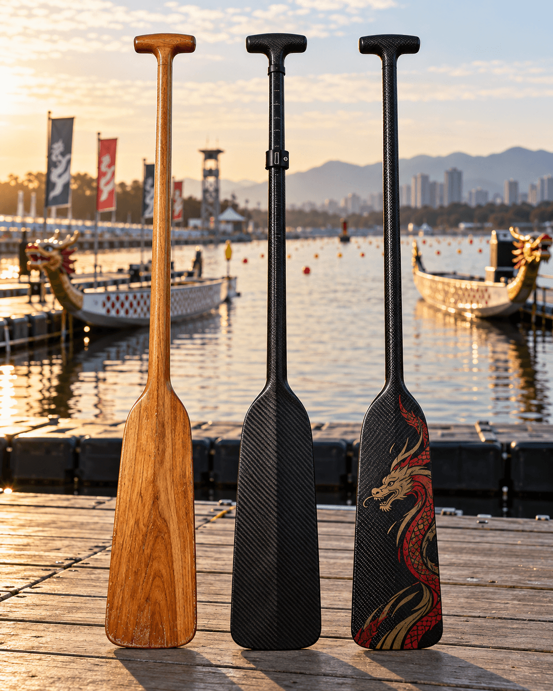 Three dragon boat paddles standing on a dock, one wood and two carbon fiber